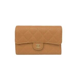 CHANEL Cream Caviar Leather Logo Wallet